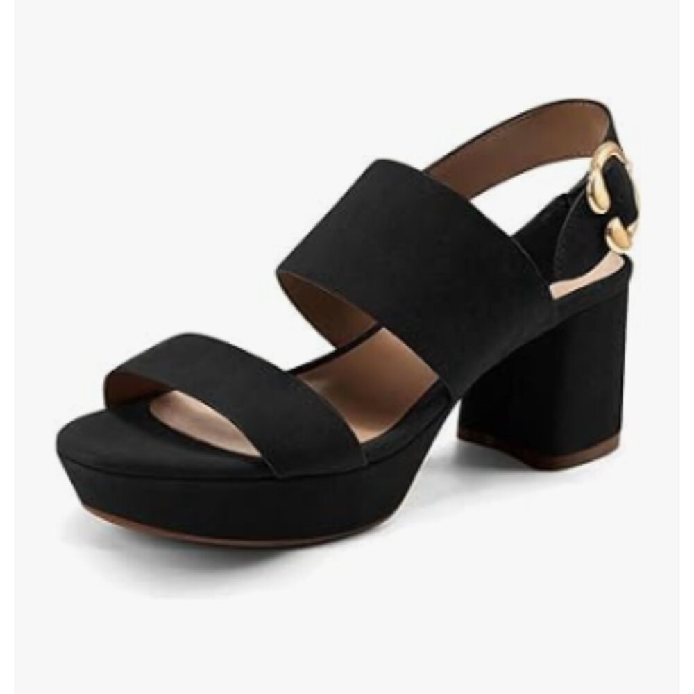 FOWT Black Open Toe Platfrom Sandals Chunky Heel Slingback Buckle Wide Band Shoe
